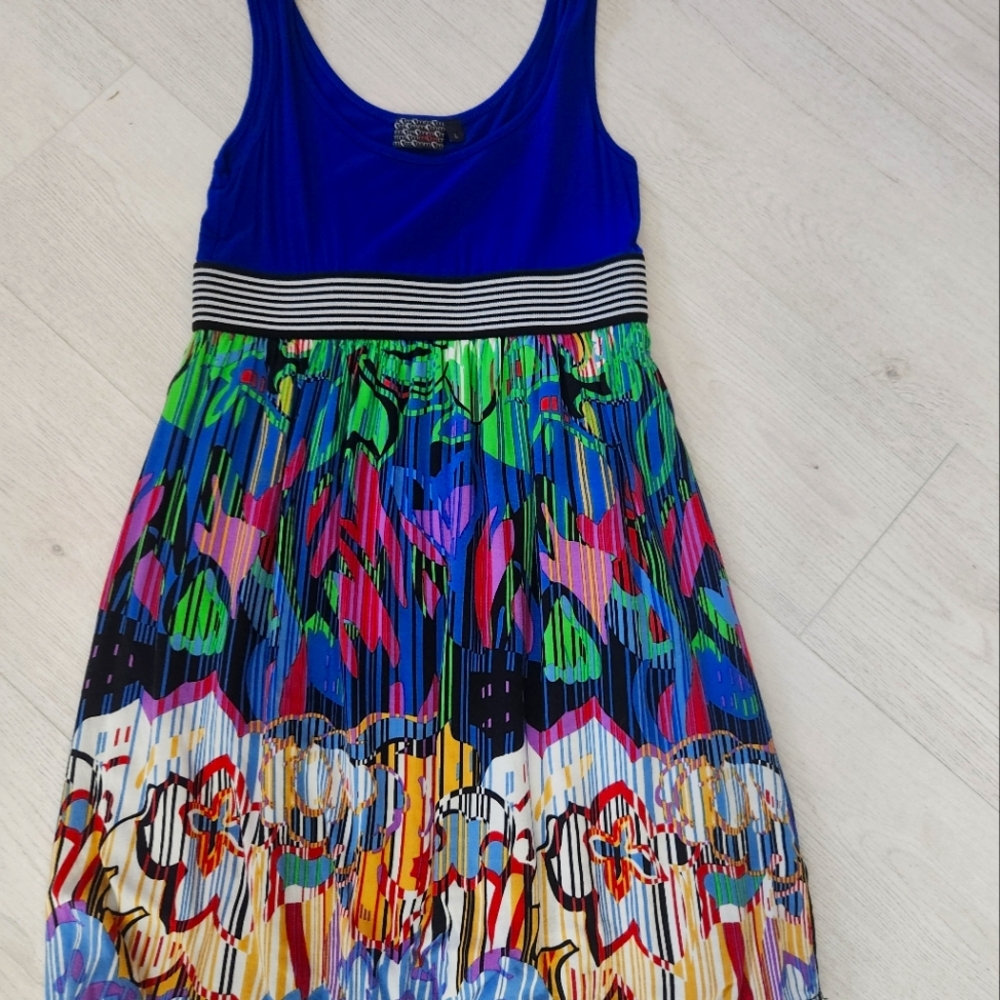 Colorful Abstract Empire Tank Dress with Elastic Striped Band.